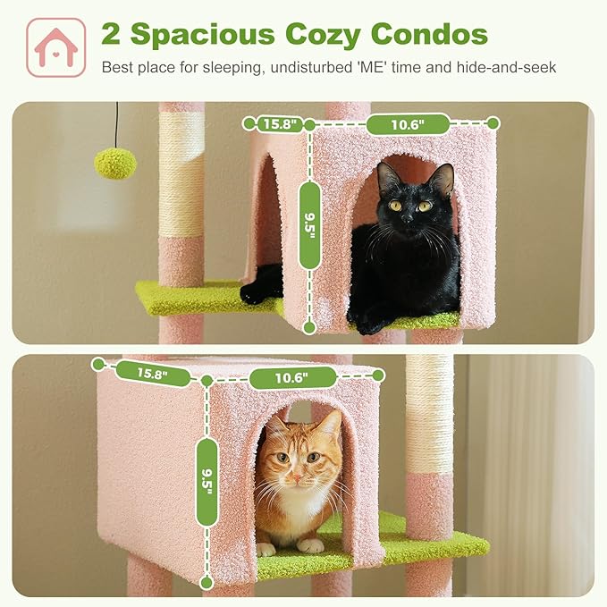 PEQULTI 62" Cat Tree for Indoor Cats, Multi-Level Cat Tower with Cozy Cat Condo Clearance Prime, Pink