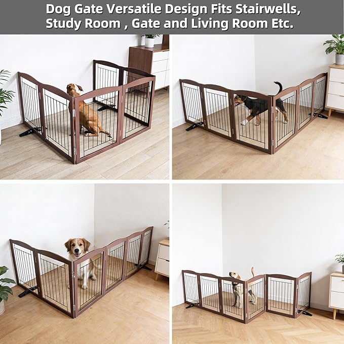Dog Fence Indoor,Dog Gate Indoor for Doorway pet gate -6-Panel Freestanding, Hallways, House or Stairs -120x24-Inch Retractable Foldable Expandable Wood Pet by SFJC (Brown) ﻿