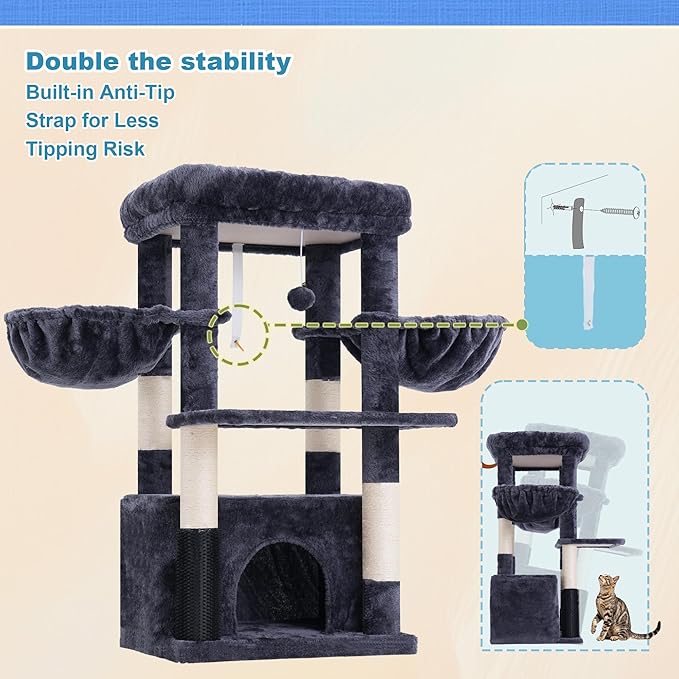 Hey-brother Cat Tree Tower with Extra Large Platform, Spacious Condo, 2 Cozy Hammocks, Self-Grooming Brush, Sisal Scratching Posts for Big Indoor Adult, Maine Coon, 35.4 Inches, Smoky Gray MPJ060G