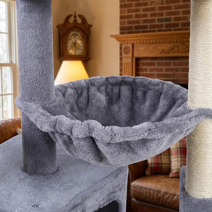 Cat Tree with Cat Condo and Hammock for Indoor Cats, Cat Tree with Self-Grooming Brush and Toy Balls,Cat Tower with Scratching Posts,Grey