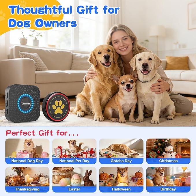 ChunHee Dog Bells for Door, Wireless Dog Doorbell for Potty Training, Dog Bells to Go Outside, Dog Potty Bell with Waterproof Button, 55 Chimes & Adjustable Volume
