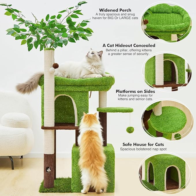 60in Cat Tree with Cat Scratching Post Tree-Shaped Cat Tree Tower with 2 Large Cat Houses and Wide Top Perch Bed for Adults and Large Cats