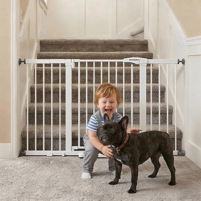 Mumeasy 29.7-57" Extra Wide Baby Gate for Doorways, Auto Close Dog Gate Indoor for Stairs, No-Drill Pressure Mounted Pet Gate with Door, Easy Walk Thru Long&Large Safety Gate for House, Outdoor, White