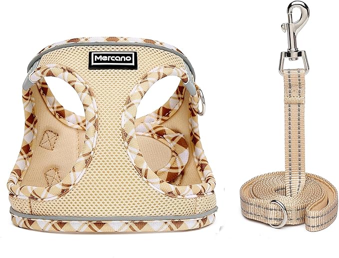 Mercano Soft Mesh Dog Harness and Leash Set, No-Chock Step-in Reflective Breathable Lightweight Easy Walk Vest Harnesses with Safety Buckle for Small Dogs, Cats (Beige, XL)