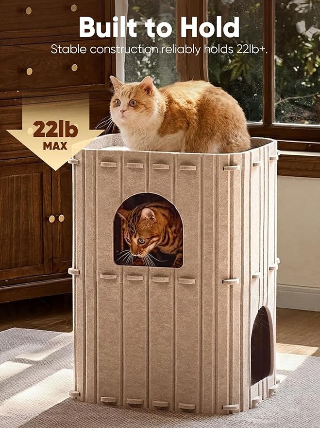 FUKUMARU Cat House for Indoor Cats, 23.62 Inch Large Cat Bed Cave Condo, 2-Storey Cozy Felt Covered Cats Tunnel Kitten Hideaway for Multicats, Scratch Resistant, Beige