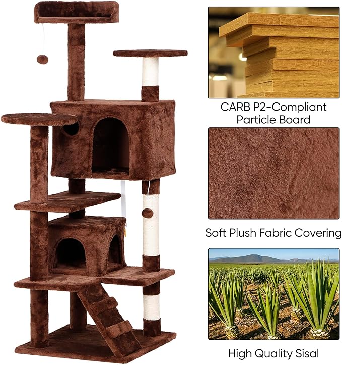 LEMY 54 Inch Cat Tree,Multi-Level Cat Tower Condo for Indoor Kittens,Brown Cat House with Sisal-Covered Scratching Post for Cats to Play and Sleep