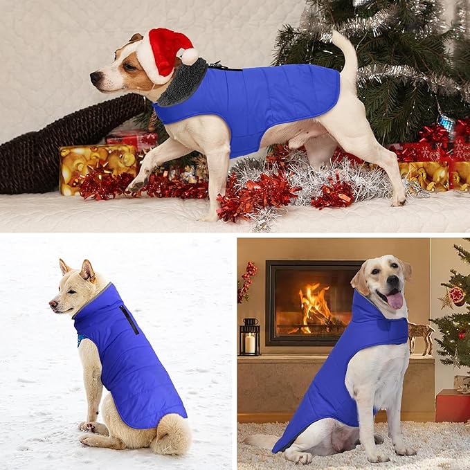 Dog Winter Coat, Waterproof Dog Jacket with Leash Hole, Reflective Adjustable Pet Snow Vest, Warm Fleece Sweater for Small Medium Large Dogs - Blue, 2XL