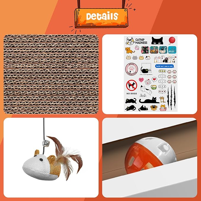 2PCS Cat Scratcher Laptop with 'Mouse' Jingle Ball, Stickers, 3-in-1 Cardboard Cat Interactive Toy, Kitten Toy & Cat Scratching Pad