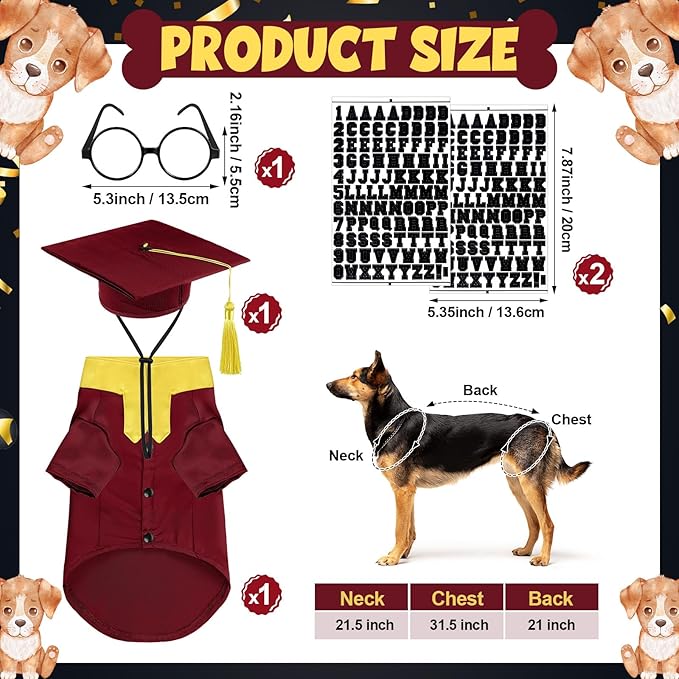 5 Pcs Dog Graduation Costume Set Include 2026 Pet Graduation Gown with Stole Puppy Grad Cap Lensless Glasses DIY Letter Stickers for Dogs Cats Holiday Costume Accessory(Maroon Yellow,XL)