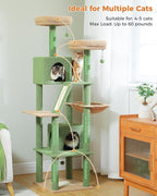 PEQULTI 71'' Cat Tree for Indoor Cats with Big Hammock, Tall Cat Tower for Large Cats with 2 Cat Condo, 2 Soft Top Perch, Scratching Posts and Pad, Green