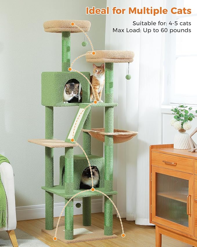 PEQULTI 71'' Cat Tree for Indoor Cats with Big Hammock, Tall Cat Tower for Large Cats with 2 Cat Condo, 2 Soft Top Perch, Scratching Posts and Pad, Green