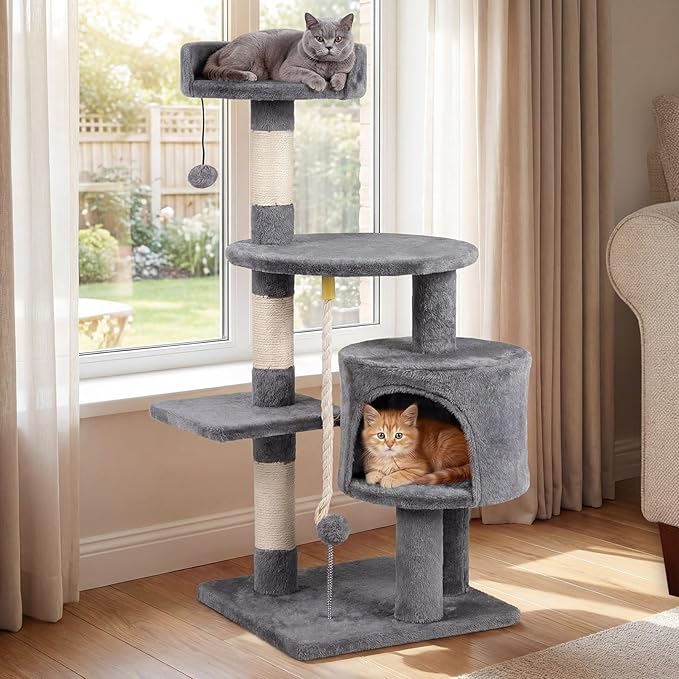 Tangkula 36 Inch Cat Tree Tower, Multi-Level Cat Tower with Condo, Top Perch, Sisal Scratching Posts & Hanging Rope, Spring & Hanging Balls, Climbing Platforms for Indoor Cats and Kittens (Light Gray)