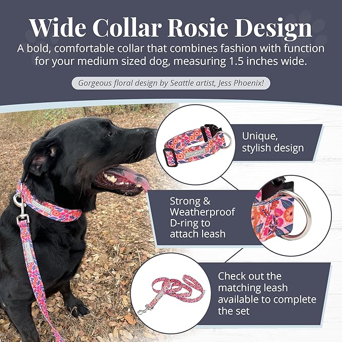 Lucky Love Dog Wide Dog Collar - Adjustable, Durable, Soft Webbing, & Comfortable 1.5 inch Wide Collar with Strong Buckle for Dogs Male and Female with Strong Buckle - Rosie, Medium