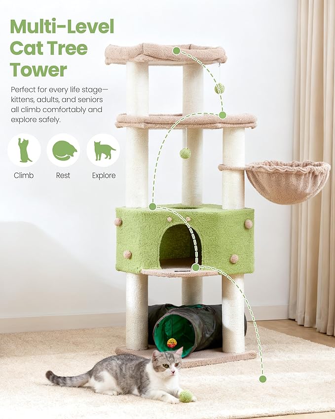 Heavy Duty Cat Tree for Large Cats Adult - 60 Inch XXL Sturdy Cat Tower Condo with Extra Wide Scratching Posts (φ4.4in) Big Cat House Hammock Perch - Indoor Wood Modern Multi Level Corner Cat Bed