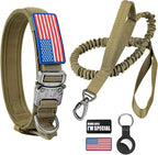 Tactical Dog Collar and Bungee Leash, Camo Military Dog Collar & Leash Set with USA American Flag Adjustable K9 Collar with Heavy Duty Metal Buckle & Handle,with Patches and Airtags Case (XL, Brown)