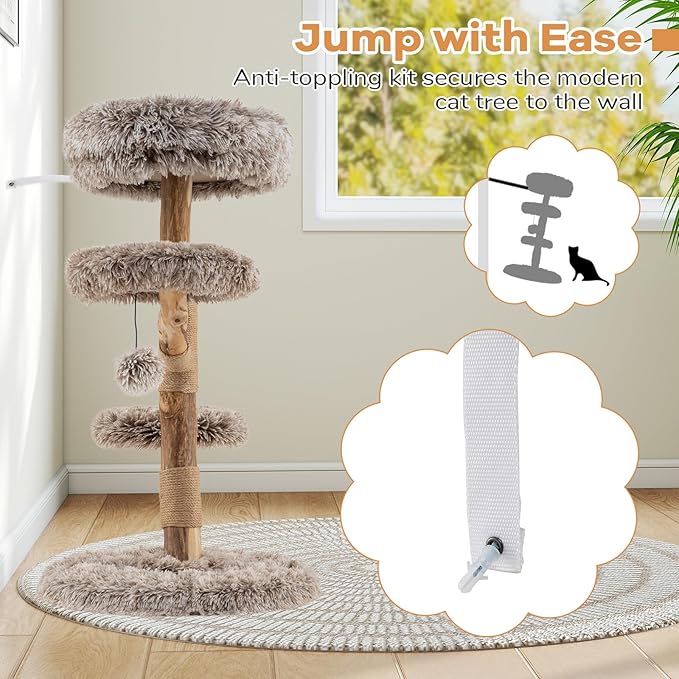 PETSITE 35.5-inch Wood Cat Tree, Multi-Level Real Pear Wood Modern Cat Tower with Jute Scratching Posts, Dangling Ball, Cozy Top Perch, 2 Jumping Platforms, Soft Long Plush Covered