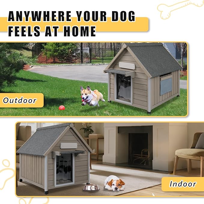 Small Dog House Indoor, Wooden Outdoor Dog House with Waterproof Roof, Chew-Proof Iron Frame, Doghouse Kennel Puppy Shelter for Small Medium Dogs,26" L x 34.6" W x 32" H