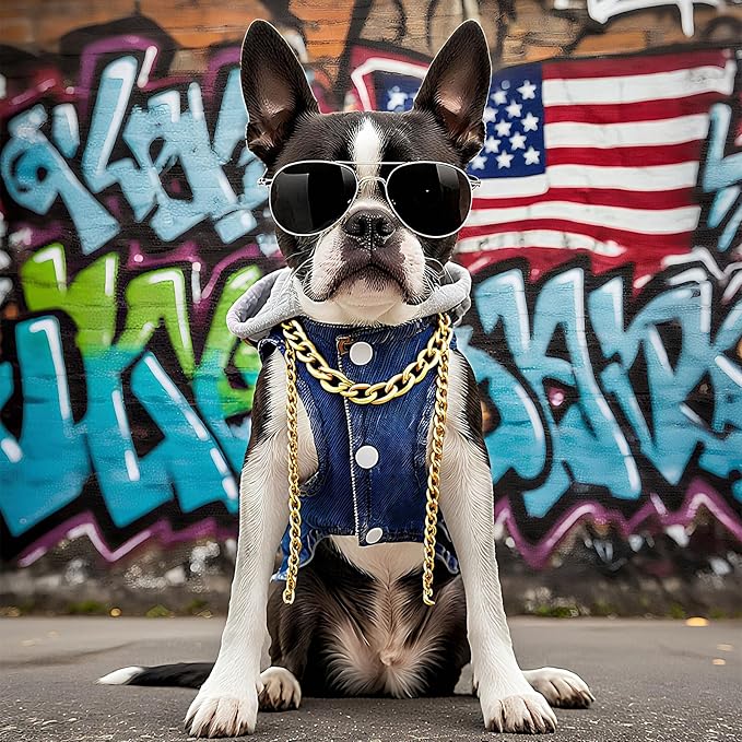 Cool Dog Jean Jacket Vest with D-Ring Blue Denim Dogs Hoodies Outfits for Small Medium Dogs Cats Boy Male Dog Clothes Costume Dogggie Puppy Harness Coat for Frenchie Walking(Grey Hat,M)