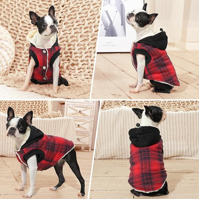 Fleece Lining Dog Hoodie for Medium Dogs Extra Warm Plaid Sweater with Drawstring Hooded Coats in Winter Doggie Jacket,Red XL