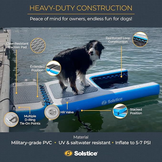 SOLSTICE Inflatable Pup Plank, Dog Water Ramp for Boats & Docks, Boost Step, 220 lb Capacity - Floating Platform for Pets for Lake, River, Beach & Swimming Pool, Includes Pump, Patent-Protected Design