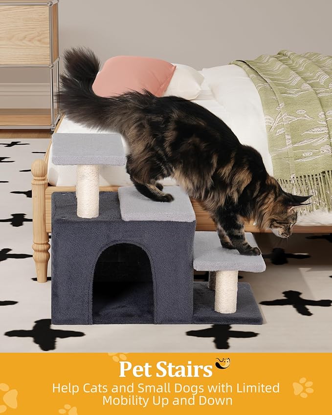 3-in-1 Pet Stairs for Cats, Dog Steps for Doggie Rabbits,7.8'' Depth Cat Stairs,Indoor Cat Steps for High Bed for Pet's Joints, Soft Plush, 1 Big Cat Condo Cave, Sisal Scratcher, Grey, Large