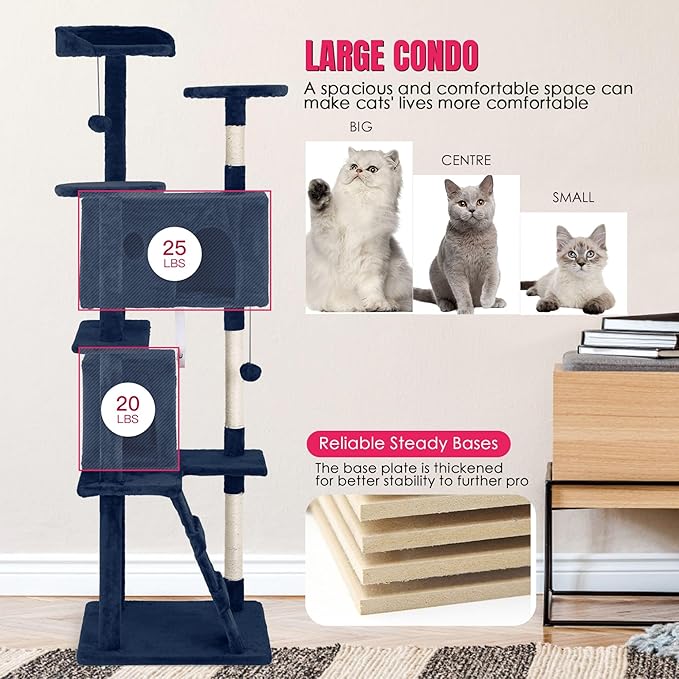 24/7 Shop at Home Court 70 inch Multi-Level Cute Cat Tree Tower with Dangling Ball and Scratching Posts for Indoor Cats Adults, Kitten Supplies, Pet House, Navy Blue