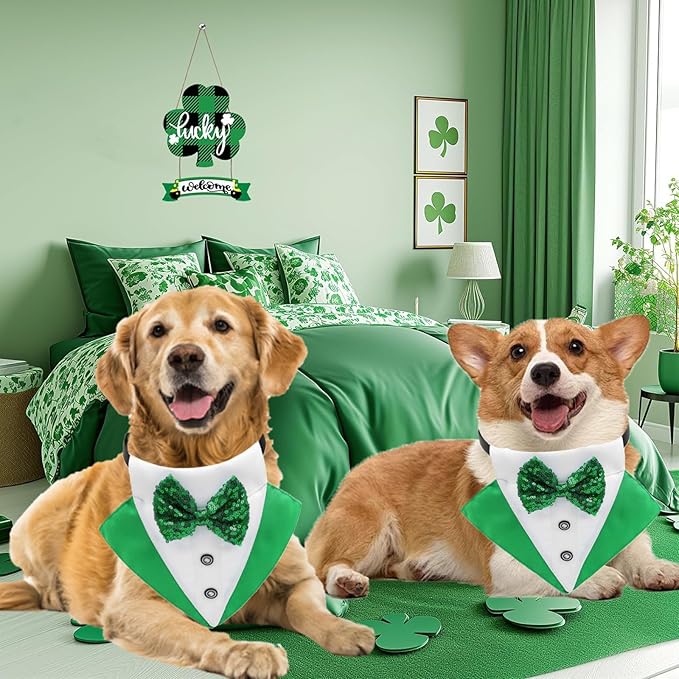 St.Patrick's Day Dog Tuxedo Bandanas Costume Pet Green Irish Outfits Adjustable Saint Patrick's Day Dog Scarf Bow Tie Collar for Large Dogs Cats Cosplay Party Dress Doggie Bibs (Grenn, Small)
