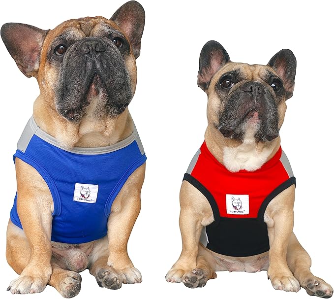 iChoue 2pcs French Bulldog Summer Cooling Shirt for Dogs UV Sun Protection Vest Sleeveless Breathable Tank Top English Pug Blue Grey Red Grey - Large