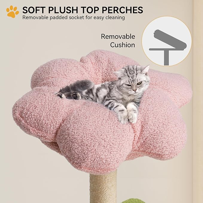YITAHOME Tall Flower Cat Tree Tower with Detachable Perch, 65in Cute Cat Climbing Tower for Indoor Cats with Cat Condo, Basket, Tunnel, Sisal Scratching Posts and Board, Pink and Green