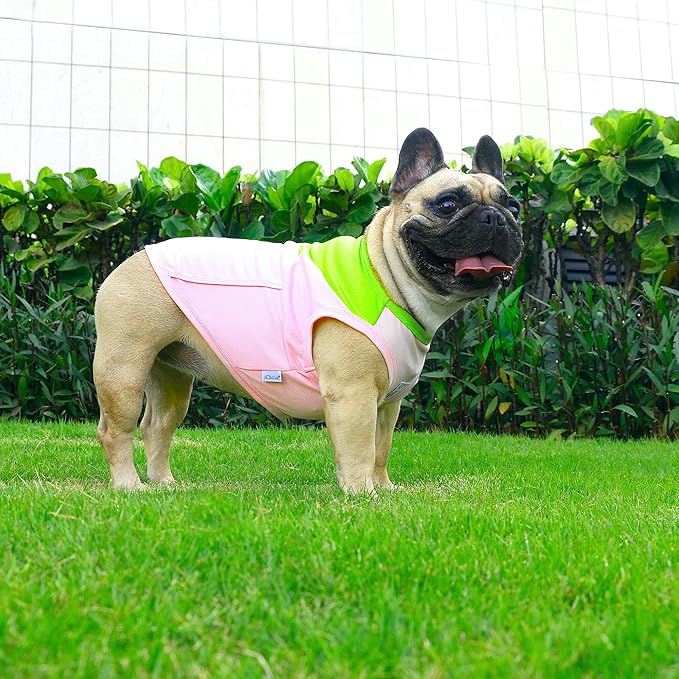 iChoue 2pcs French Bulldog Summer Cooling Shirt for Dogs UV Sun Protection Vest Sleeveless Breathable Tank Top English Pug Pink Green Red Grey - Large