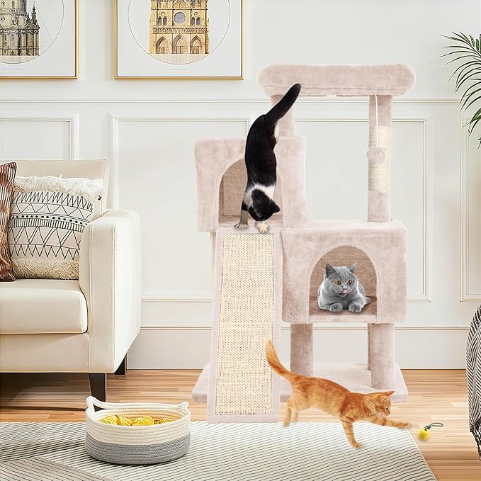36 Inches Cat Tree for Indoor Cats, Multi-Level Cat Tower with Scratching Posts, Ramp, Plush Perch & 2 Condos, Stable for Multiple Cats Kittens House & Small Room, Beige