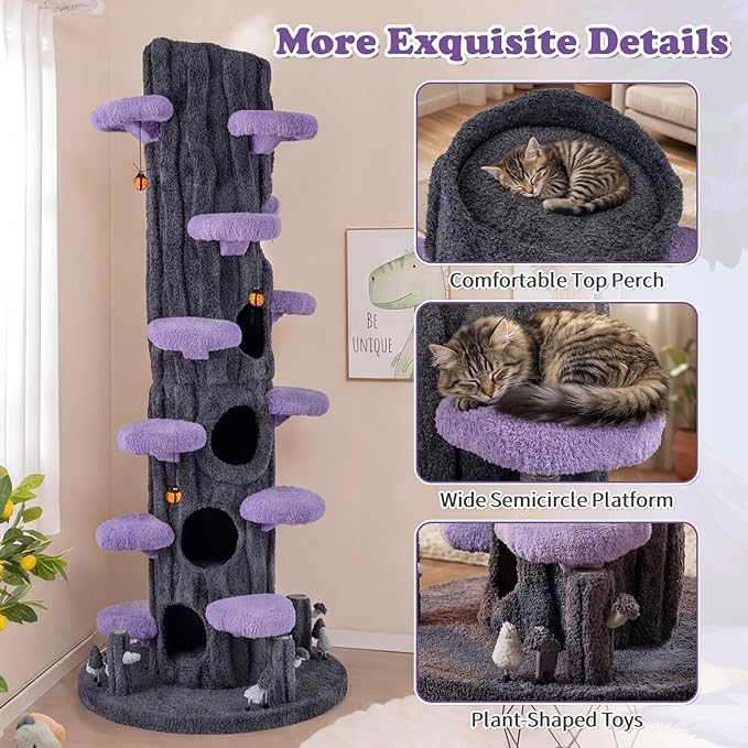 PETSITE 90.5-inch Tall Cat Tree, Tree-Like Modern Cat Tower with Sisal Scratching Pad, Five Cat Condos, Cute Hanging and Spring Toys, Large Cat Tree Tower for Indoor Cats (Purple)
