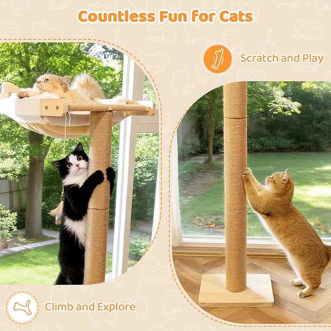 Cat Window Perch with Scratching Post, 46" Adjustable Tall Scratching Posts & Suction Cup – White Fluffy Cusion, Multi-Level Perch for Climbing, Bird Watching, Play, Supports 45 lbs (Drilling-Free)