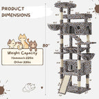 80 Inch Cat Tree, Large Cat Tower with 9 Scratching Posts, 2 Perches, 2 Caves, 2 Basket, 2 Stairs, Extra Large Hammock, Multi-Level Plush Cat Condo for Indoor Cats/Grey Leopard Print