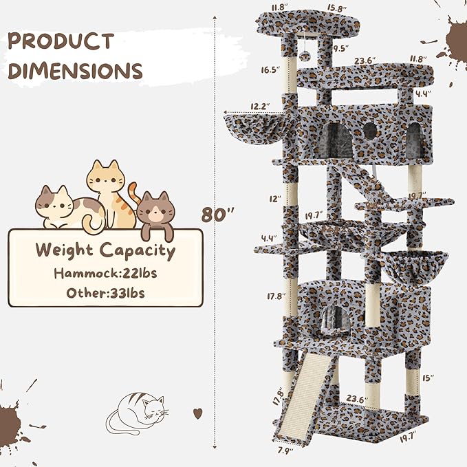 80 Inch Cat Tree, Large Cat Tower with 9 Scratching Posts, 2 Perches, 2 Caves, 2 Basket, 2 Stairs, Extra Large Hammock, Multi-Level Plush Cat Condo for Indoor Cats/Grey Leopard Print