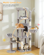 59" Cat Tree, Tall Cat Tower for Large Cat, Multi-Level Tower with 3 Removable Pompom Sticks, Cat Tree for Indoor Cats, Condo with Large Hammock, Scratching Post, and 2 Perches, Grey