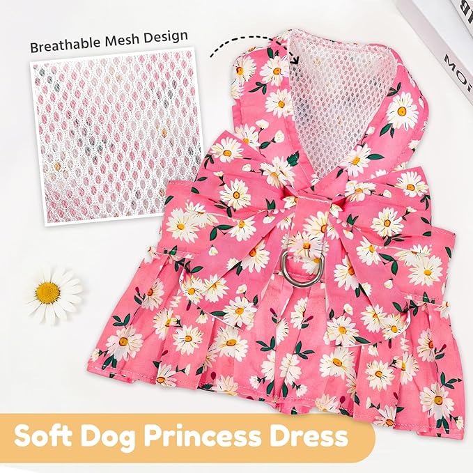 BAEJMJK Dog Dress Bowknot Harness Leash Set for Small Dogs Cats Daisy Floral Girl Dog Dresses Cute Puppy Princess Clothes Pet Doggy Outfits Spring Summer Breathable Dresses(Pink,Small)