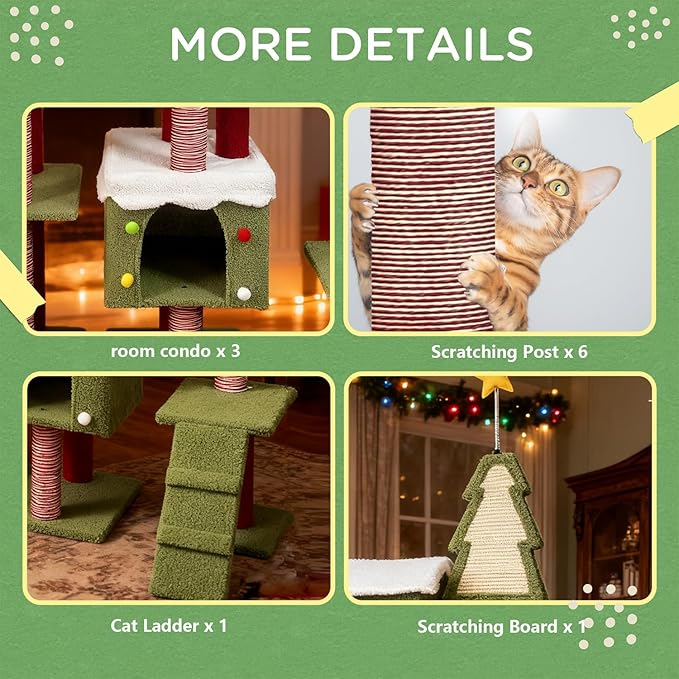 Cat Tree Tower for Indoor Cats, 52.4L x 13.4W x 74.5H Inches, All Breed Sizes, Climbing and Cuddling, Particle Board, Floor Mount, Christmas