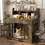 Petrova 33" Dog Crate Furniture for 1 Dogs, Heavy Duty Indoor Dog Kennel for Small/Medium Dogs, Wooden Dog Cage with 2 Stainless Steel Bowls, 4 Hooks, LED Light, Brown