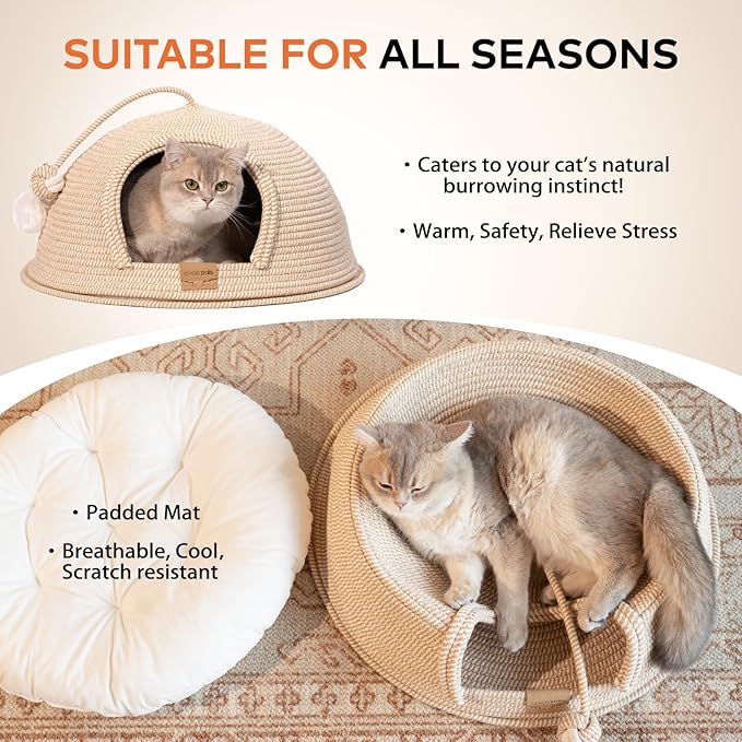 CHEERPALS Cat Cave Bed for Indoor Cats, 3 in 1 Cat House with Washable Cushion and Ball, Scratcher Bed, Cute Rope Bed for Kittens and Large Cat(White)