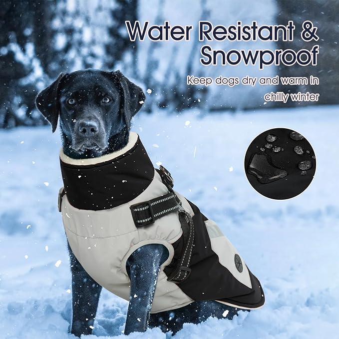 IECOii Dog Coat for Large Dogs Waterproof Dog Winter Jacket with Harness Built in, Black - XXLarge, Thermal Warm Fleece Lined, Reflective Dogs Jackets for Cold Weather Camping, Hiking, Pitbull