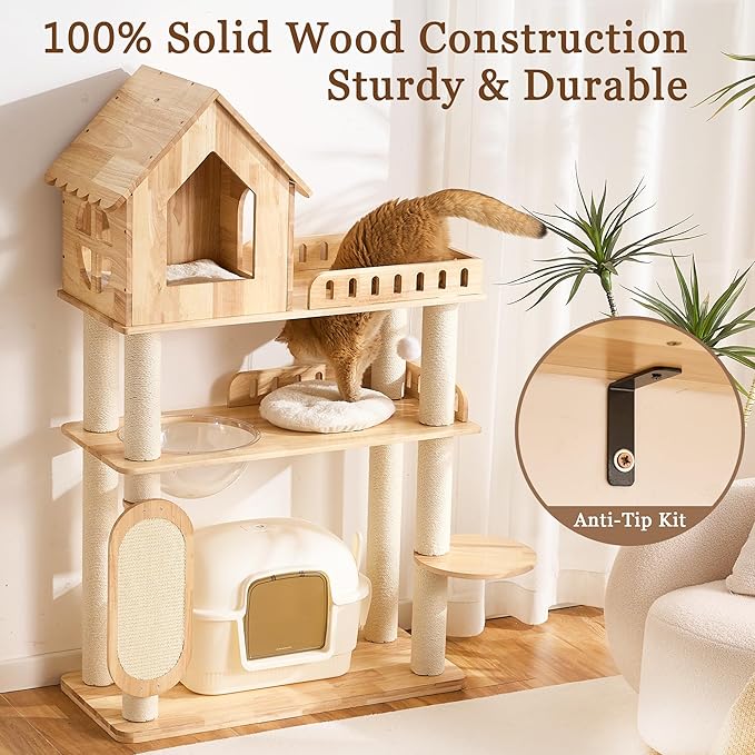 Modern Solid Wood Cat Tree Tower for Indoor Cats Large Adult, 58 inch Corner Cat Tree with Cat House, Luxury Aesthetic Cat Tree with Space Capsule, Large Perch, Sisal Scratching Pad Post