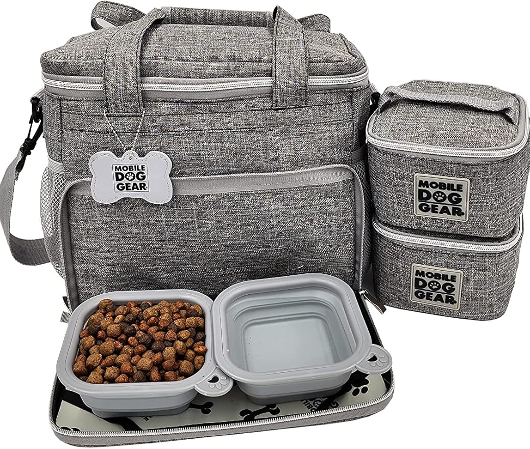 Mobile Dog Gear Week Away Dog Travel Bag (12"x6"x11", Heathered Gray) - Includes 2 Pet Food Storage Containers + 2 Collapsible Dog Water Bowls - Airline Approved Accessories, Great for Weekend Trips