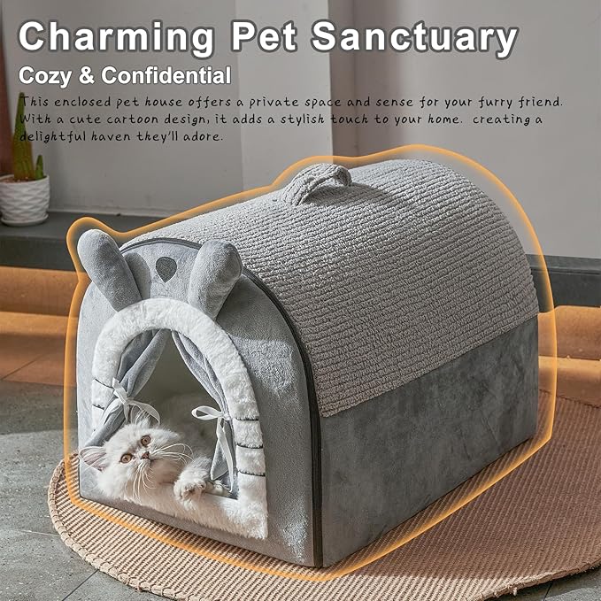 Jiupety Small Dog House Indoor, Dog Cave with Door Curtain Design, Puppy House with Reversible Washable Cushion, M Size Portable Pet Cave for 7-13 lb Cats and 5-11 lb Dogs, Non-Slip Bottom, Grey