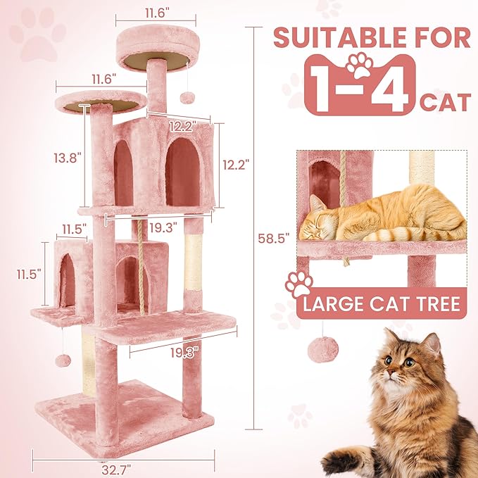 58.5inch Large Cat Tree Tower Condo for Indoor Cats, Soft Plush Multi-Level Climbing Tree Cat House with Cat Cave, Scratching Post, More Entrance/Exit, Sisal Rope, Pink