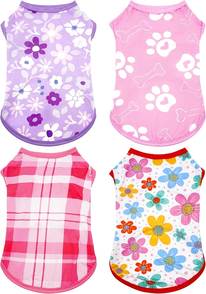 PET SHOW 4 Pack Summer Dog Shirts for Medium Dogs Girl UPF 50+ UV Sun Protection Cooling Clothes Tank Top Floral Puppy T-Shirts Pet Holiday Party Sleeveless Vest Pink(Large)