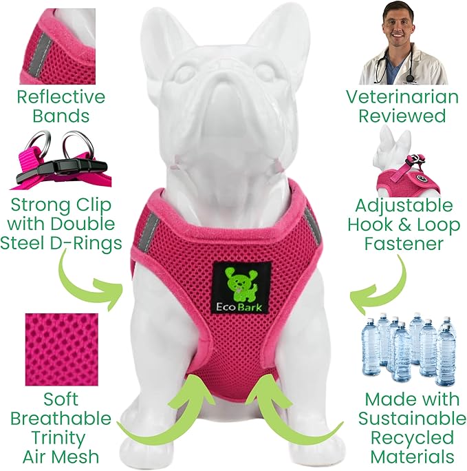 EcoBark Step in Dog Harness - Eco-Friendly Teacup Dog Harnesses for XXS, XS, and Small Dogs - Reflective and Adjustable Mini Body Halter Vest -Tiny Soft Mesh Toy Breed Harness Under 5 lbs (Pink, XXS)
