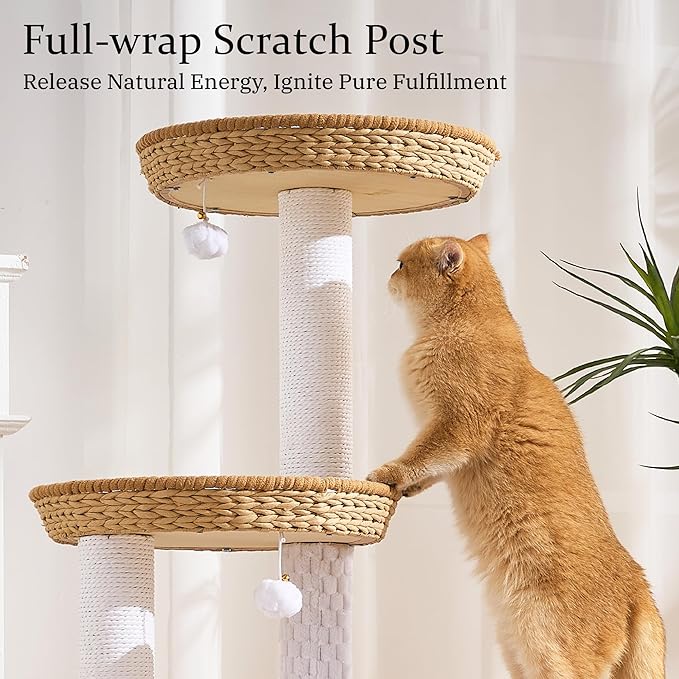 Wood Modern Cat Tree for Indoor Cat, 46" Tall Cat Tower with Scratching Posts, Cat Condo, Aesthetic Multi-Level Cat Climbing Tree with Hand-Woven Bed for Adult Cats-Nature