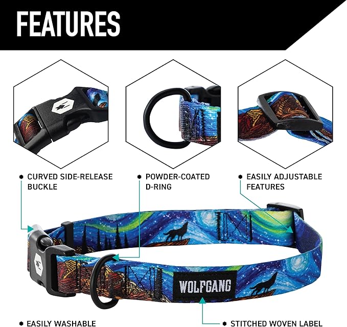 Wolfgang Heavy Duty, Adjustable Dog Collar with Quick Release Nylon Buckle for Walking & Training, StarryWolf Print, Small