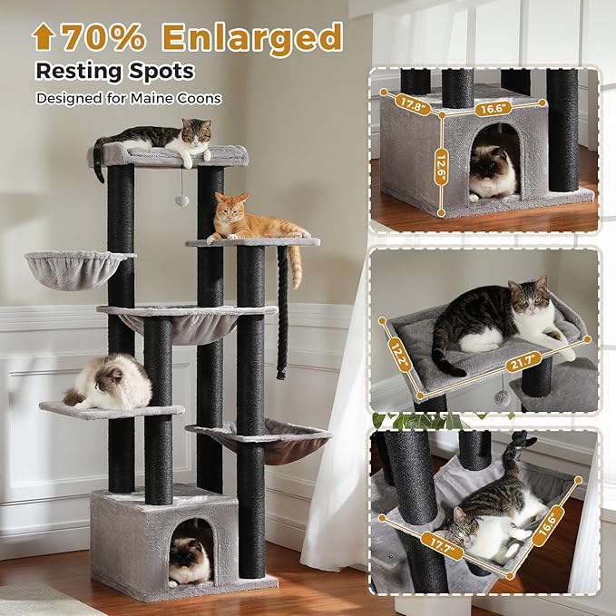 PETEPELA 67" XXL Cat Tree for Large Cats up to 25 lbs, Heavy Duty Cat Tower w/13 Extra-Thick Sisal Scratching Posts [φ4.3”], Cat Furniture with Metal Frame Hammock & XL Condo for Maine Coon, Black